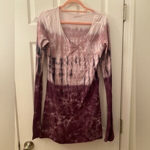 Hard Tail Purple and Pink Tie-Dye Long Sleeve V-Neck Top